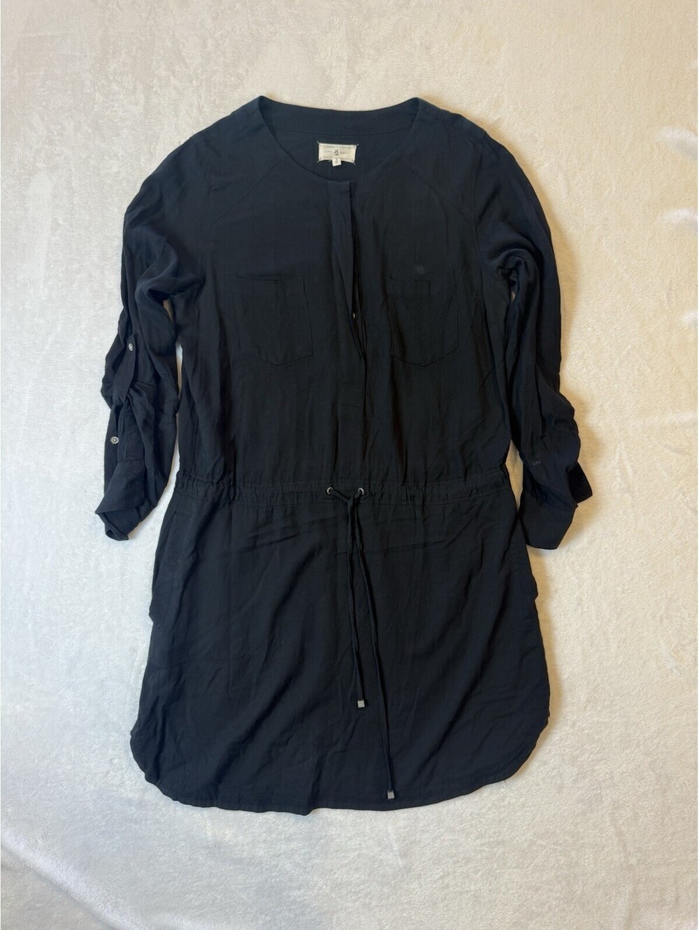 Lou & Grey Womens S Dress Gathered Waist Pockets Button Front Long Sleeve